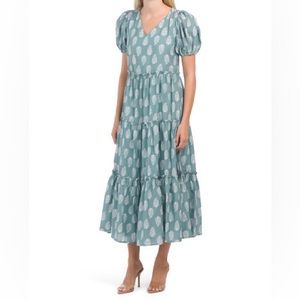 Lucky Brand Teal Green Puff Sleeve Tiered Maxi Dress XS